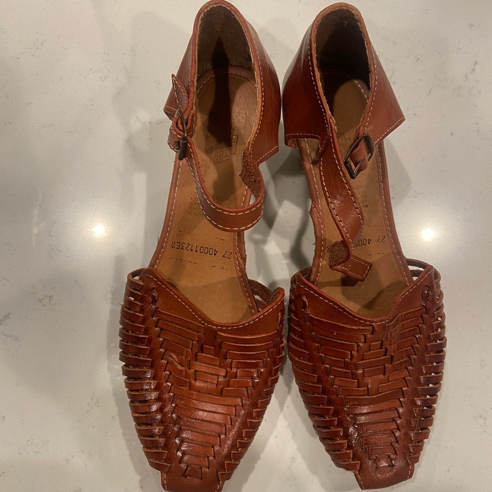 Maya Brown Woven Leather Wedge Sandals - Picture 2 of 10